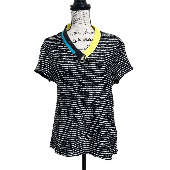 Jamie Sadock Women's Size M Top Striped V-Neck Polo Black White Yellow Blue - Picture 1 of 8